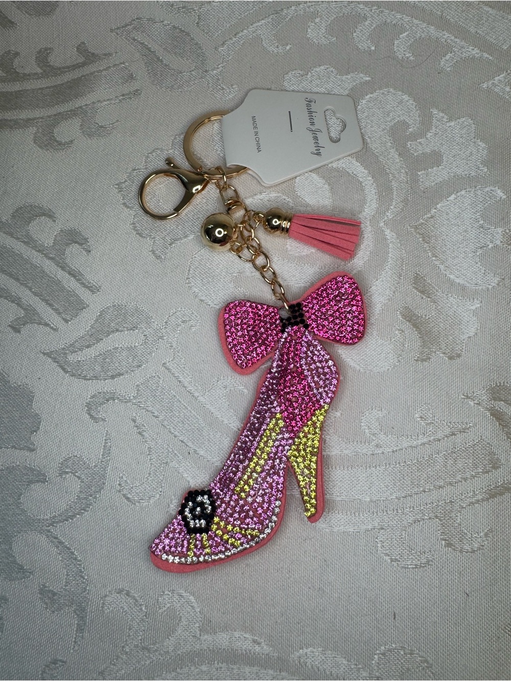 New Fashion Jewelry Pink Rhinestone High Heel Keychain with Tassel
